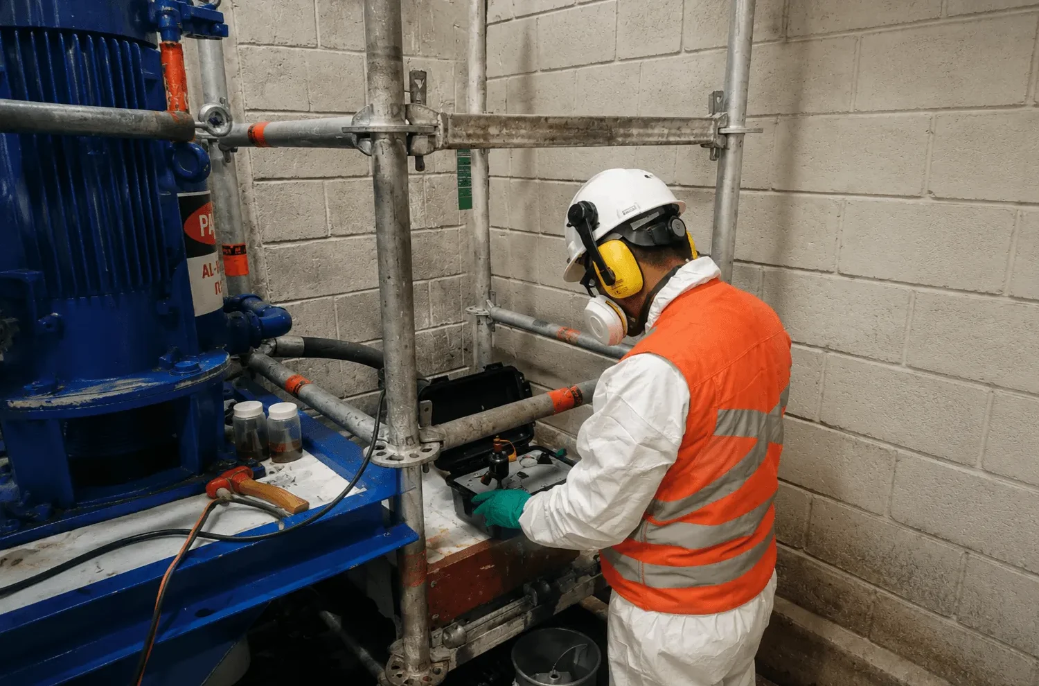 Técnico de Freemaq realizando tareas de mantenimiento industrial con equipos de protección personal en una instalación productiva.