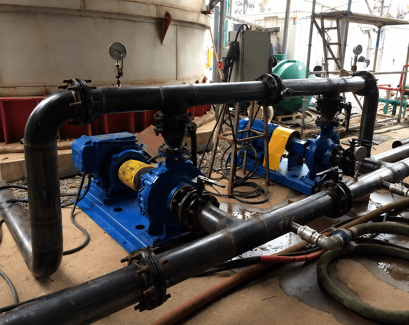 Sistema de bombas industriales y tuberías de proceso sometidos a mantenimiento mecánico en una planta industrial.