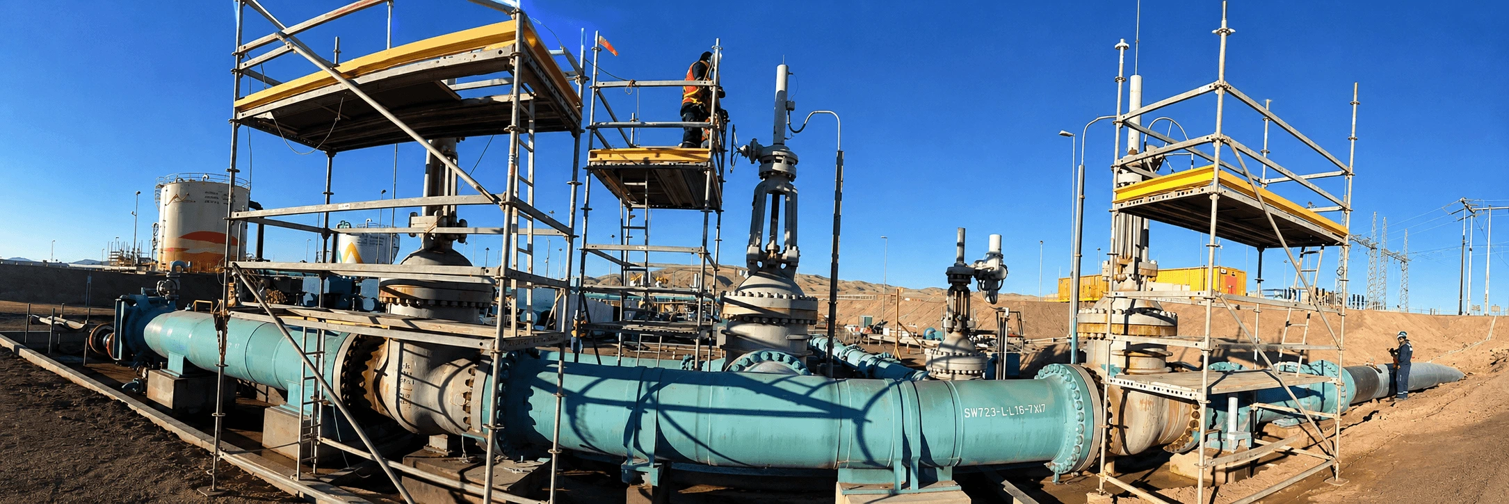 Sistema de tuberías industriales preparado para pruebas hidrostáticas destinadas a validar la resistencia a la presión y la seguridad de la operación.