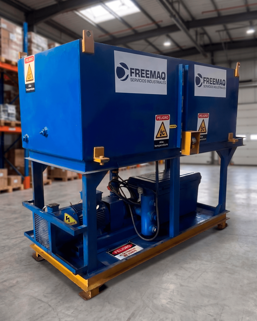 Equipo de flushing industrial para limpieza y descontaminación de circuitos hidráulicos y sistemas de lubricación mediante filtración de alta eficiencia.