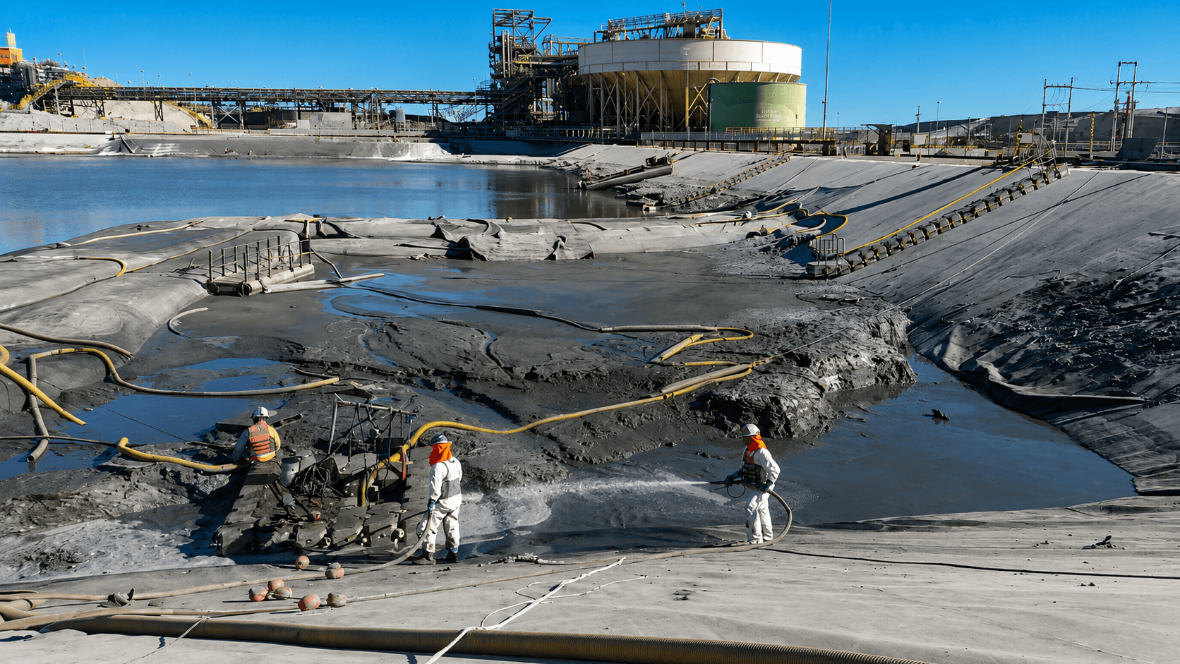 Trabajador equipado con elementos de protección realizando mantenimiento y limpieza al interior de una piscina PLS utilizada en procesos de extracción de cobre.