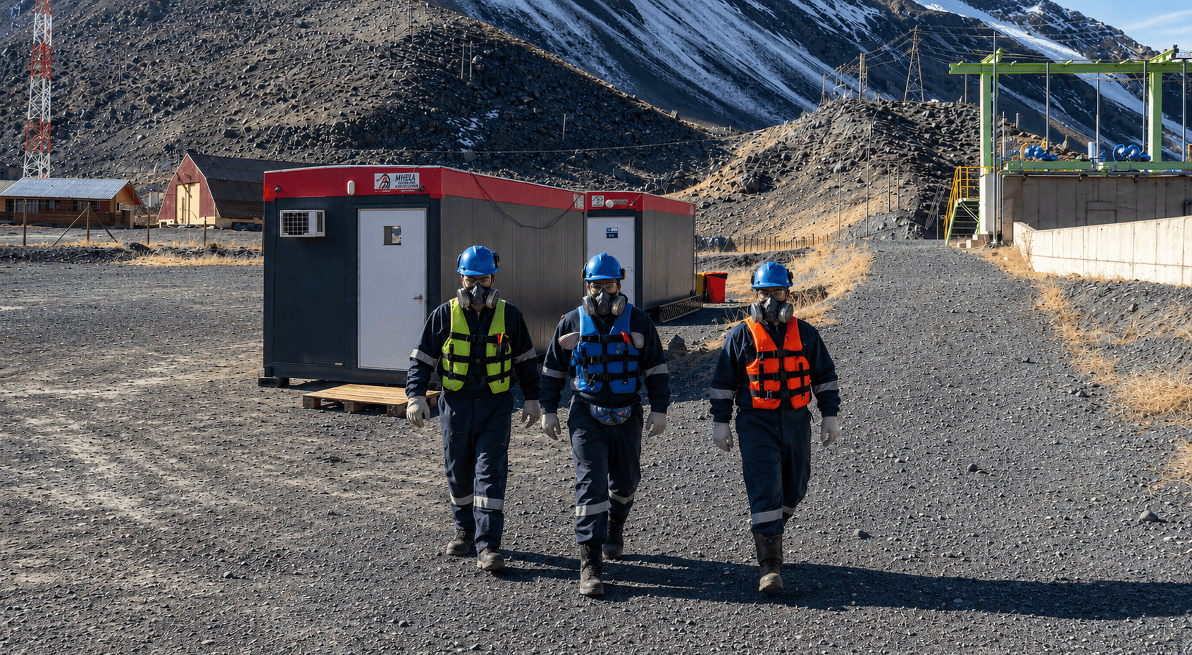 Profesionales de FreeMAQ utilizando equipos de protección personal y procedimientos de seguridad en una faena de dragado industrial.